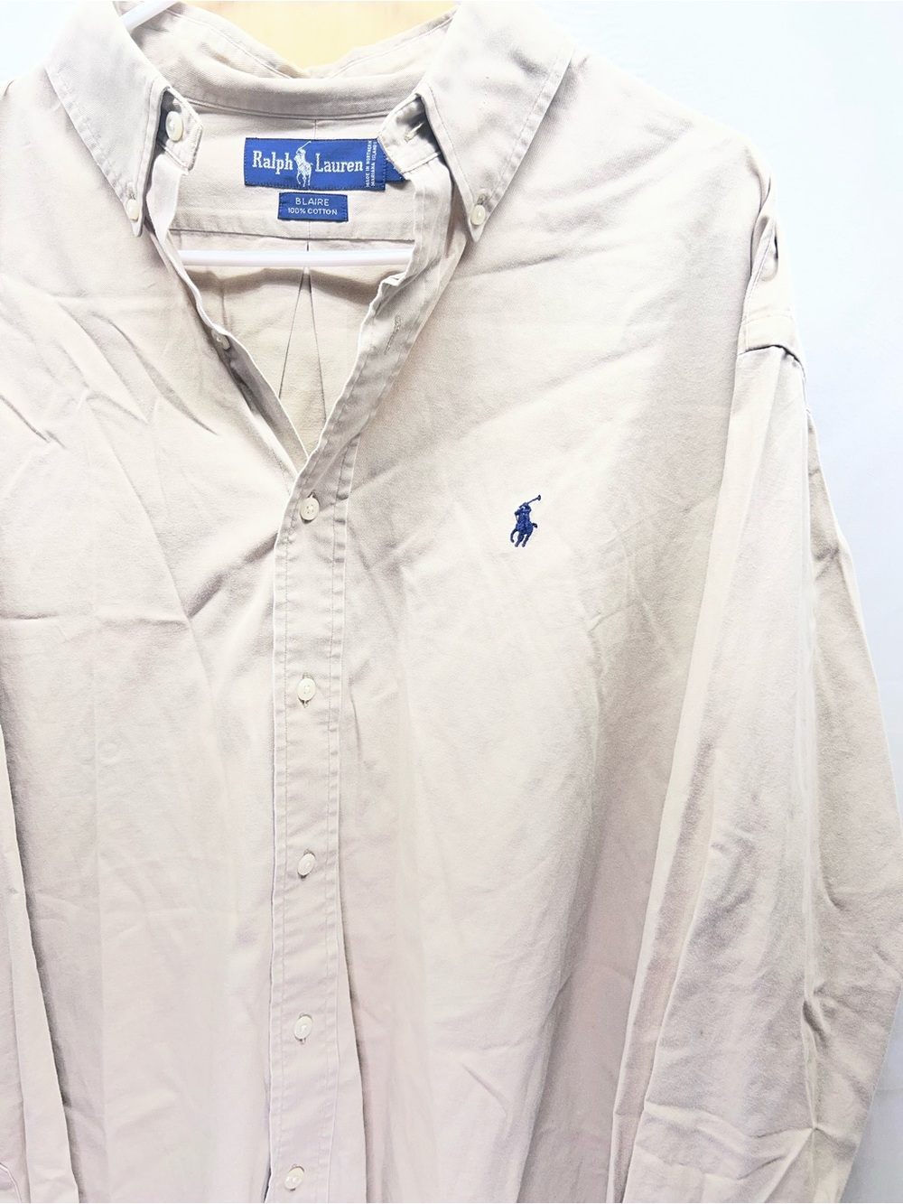 Ralph Lauren Men's Button-Down Shirt in Light Beige with Navy Logo